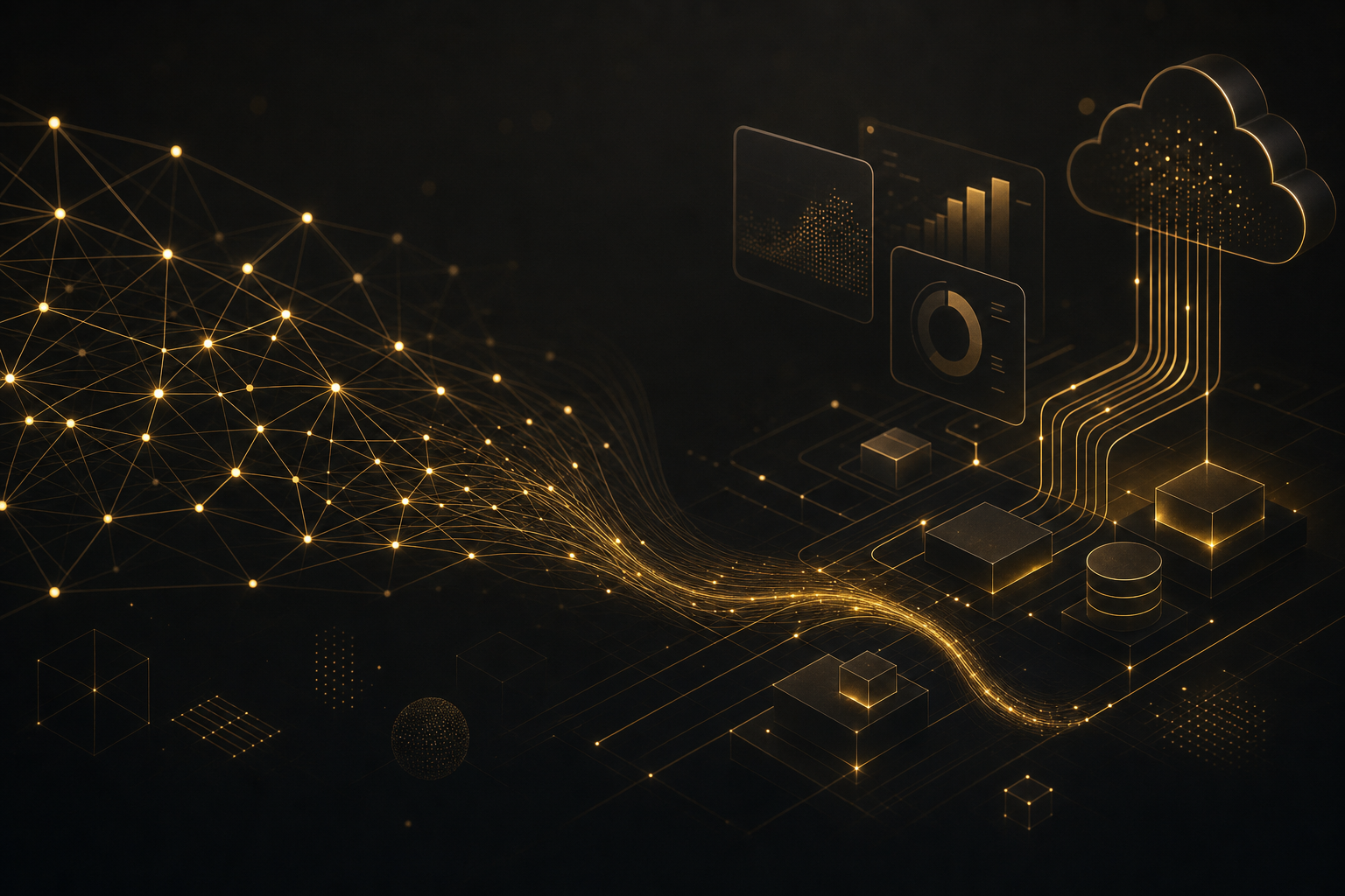Abstract visualization of enterprise data flowing into cloud analytics and AI