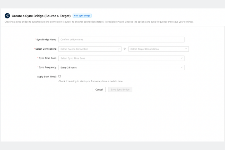 DLH.io Sync Bridge setup for users to select frequency of data replication